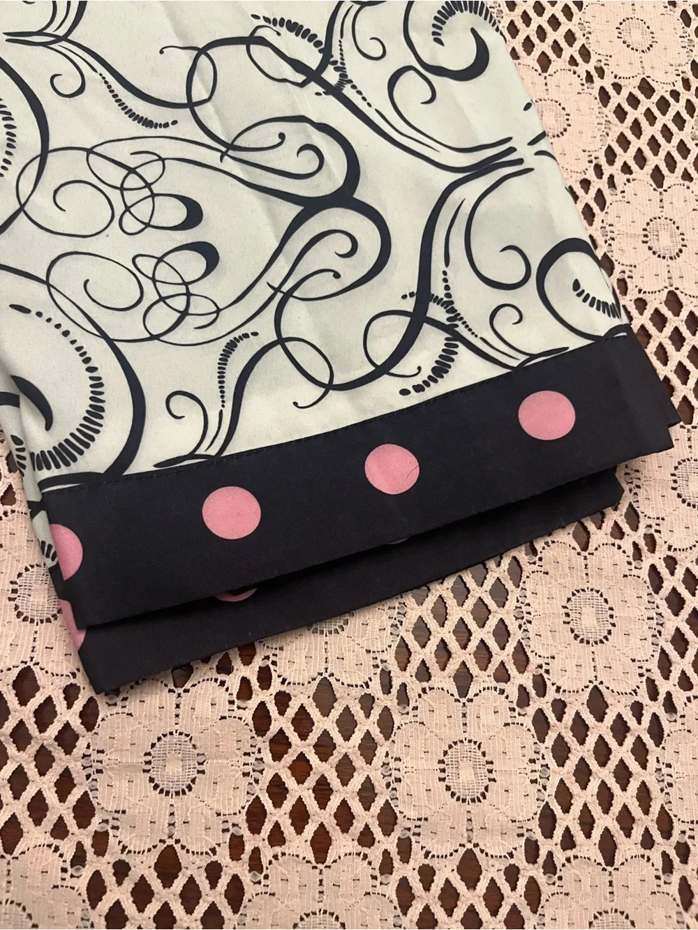 Black Scroll Pattern Square pillow sham with Pink Polka Dot Border